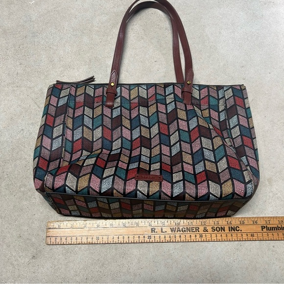 Fossil Women's Rachel Large Tote Bag Multicolor Chevron Zipper Top - Picture 14 of 14